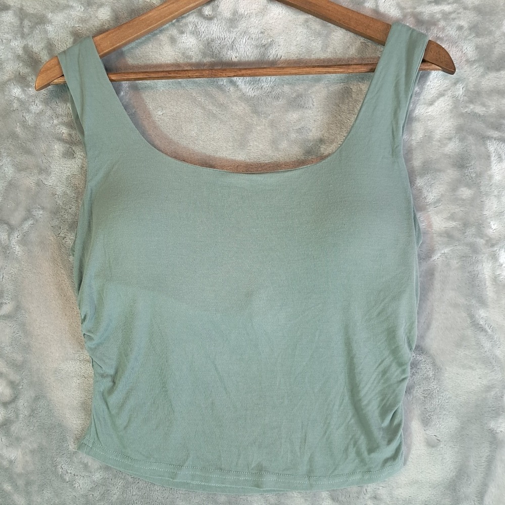 OGL Women L Sage Green Ribbed Knit Ruched Padded Shelf Bra Tank Top Cami Large